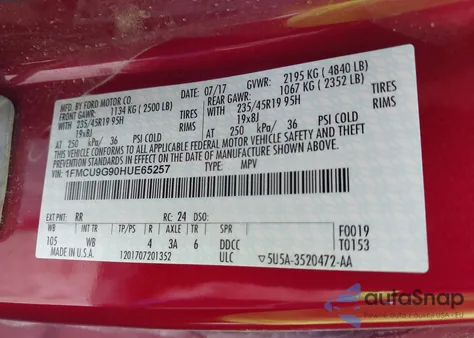 2017 Ford Escape Se z USA, uszkodzony, nr VIN 1FMCU9G90HUE65257